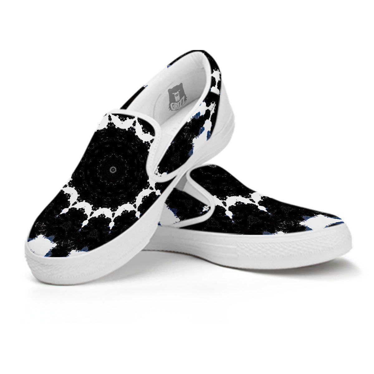 Kaleidoscope White And Black Print White Slip On Shoes-grizzshop