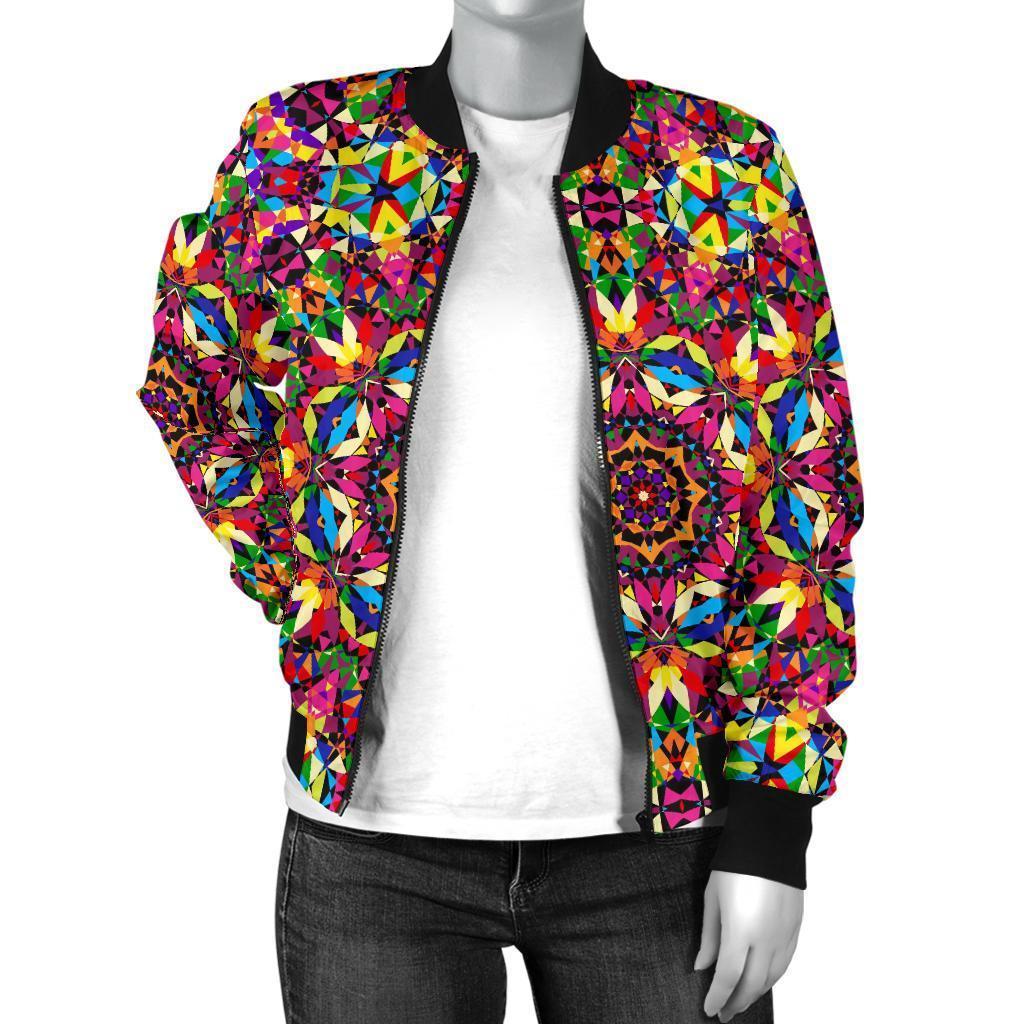 Kaleidoscope Pattern Print Women Casual Bomber Jacket-grizzshop
