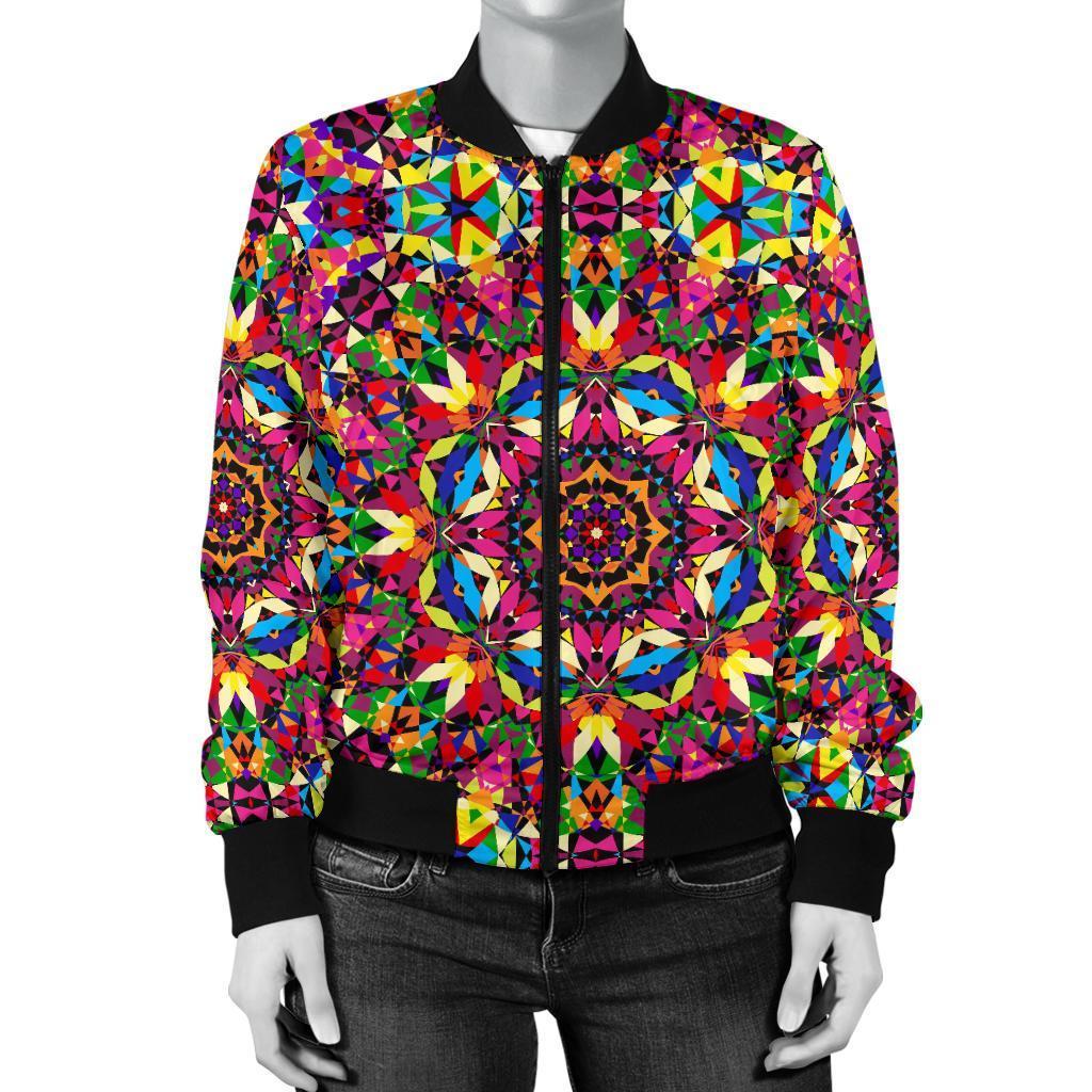 Kaleidoscope Pattern Print Women Casual Bomber Jacket-grizzshop
