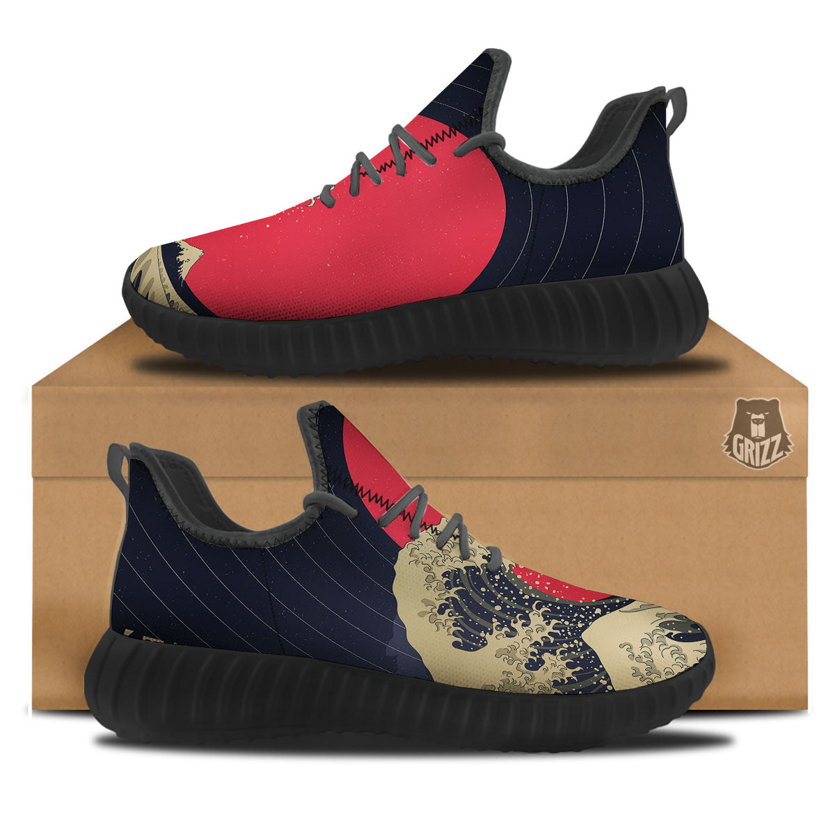 Kanagawa Wave Golden Print Black Walking Shoes-grizzshop