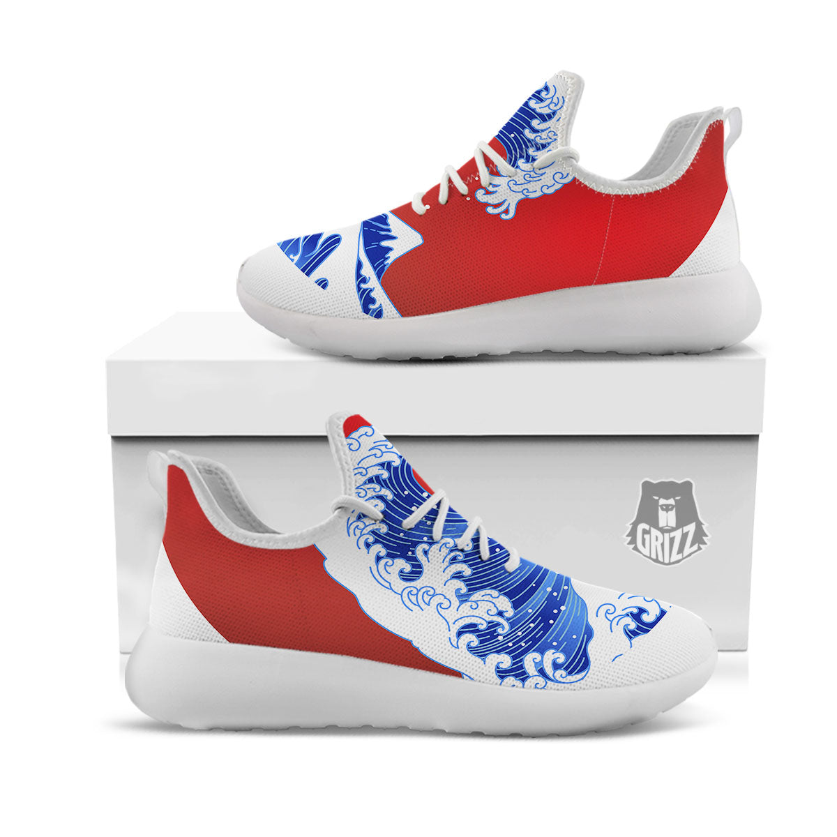 Kanagawa Wave Japanese Print White Athletic Shoes-grizzshop