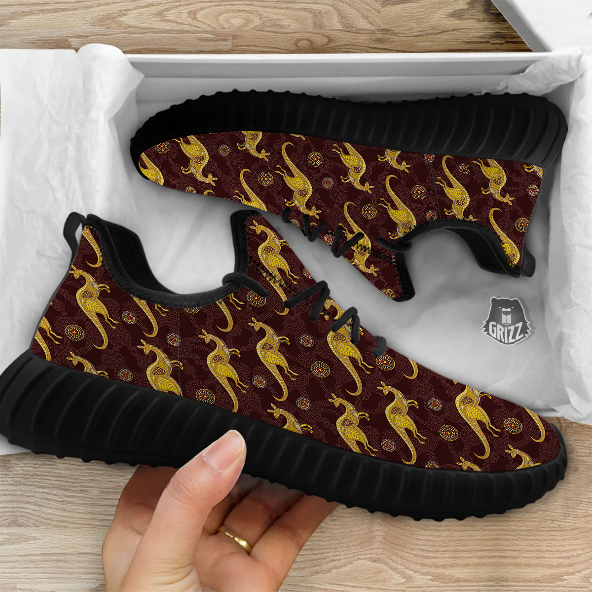 Kangaroo Aboriginal Print Pattern Black Walking Shoes-grizzshop