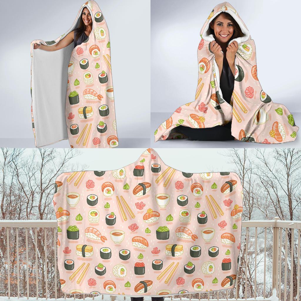 Kawaii Sushi Pattern Print Hooded Blanket-grizzshop