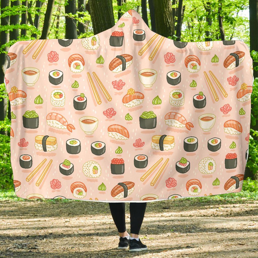 Kawaii Sushi Pattern Print Hooded Blanket-grizzshop