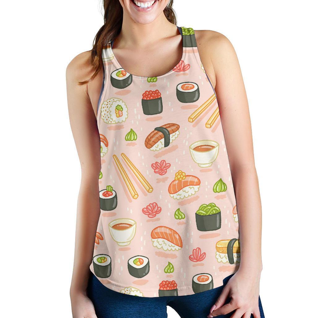 Kawaii Sushi Pattern Print Women's Racerback Tank Tops-grizzshop