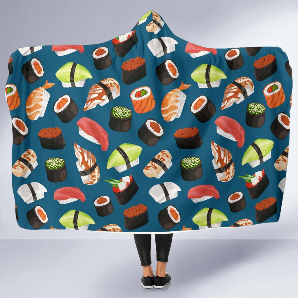 Kawaii Sushi Print Pattern Hooded Blanket-grizzshop