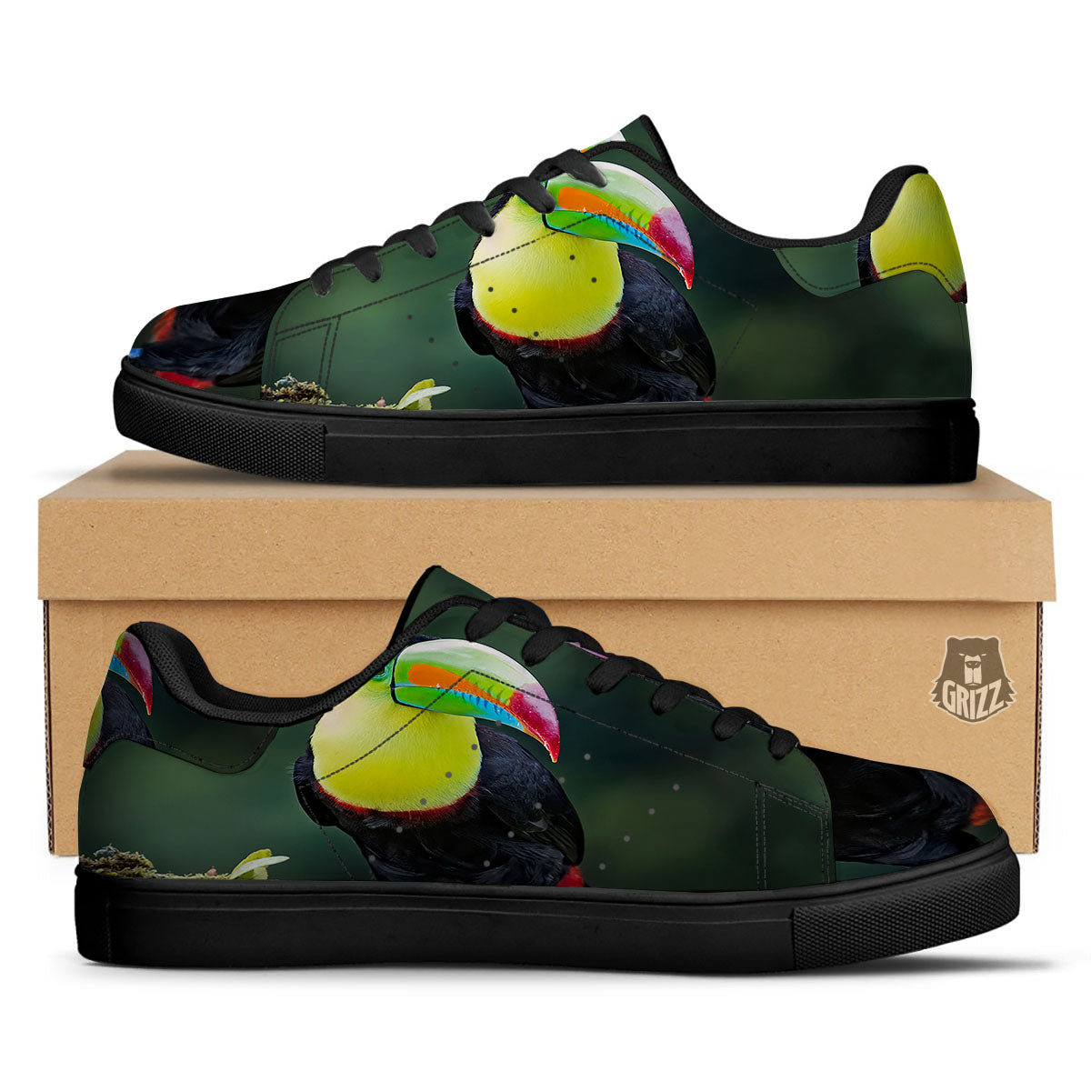 Keel-Billed Toucan Print Black Low Top Sneakers-grizzshop