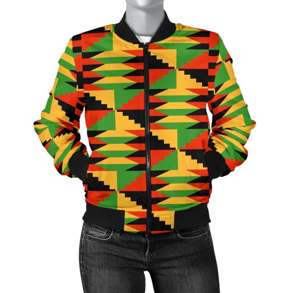 Kente African Pattern Print Women Casual Bomber Jacket-grizzshop
