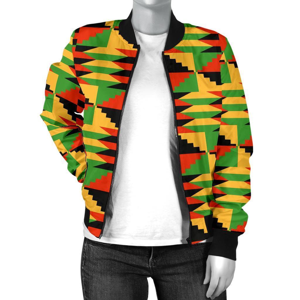 Kente African Pattern Print Women Casual Bomber Jacket-grizzshop
