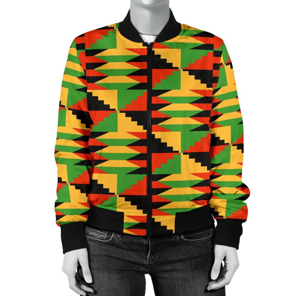 Kente African Pattern Print Women Casual Bomber Jacket-grizzshop