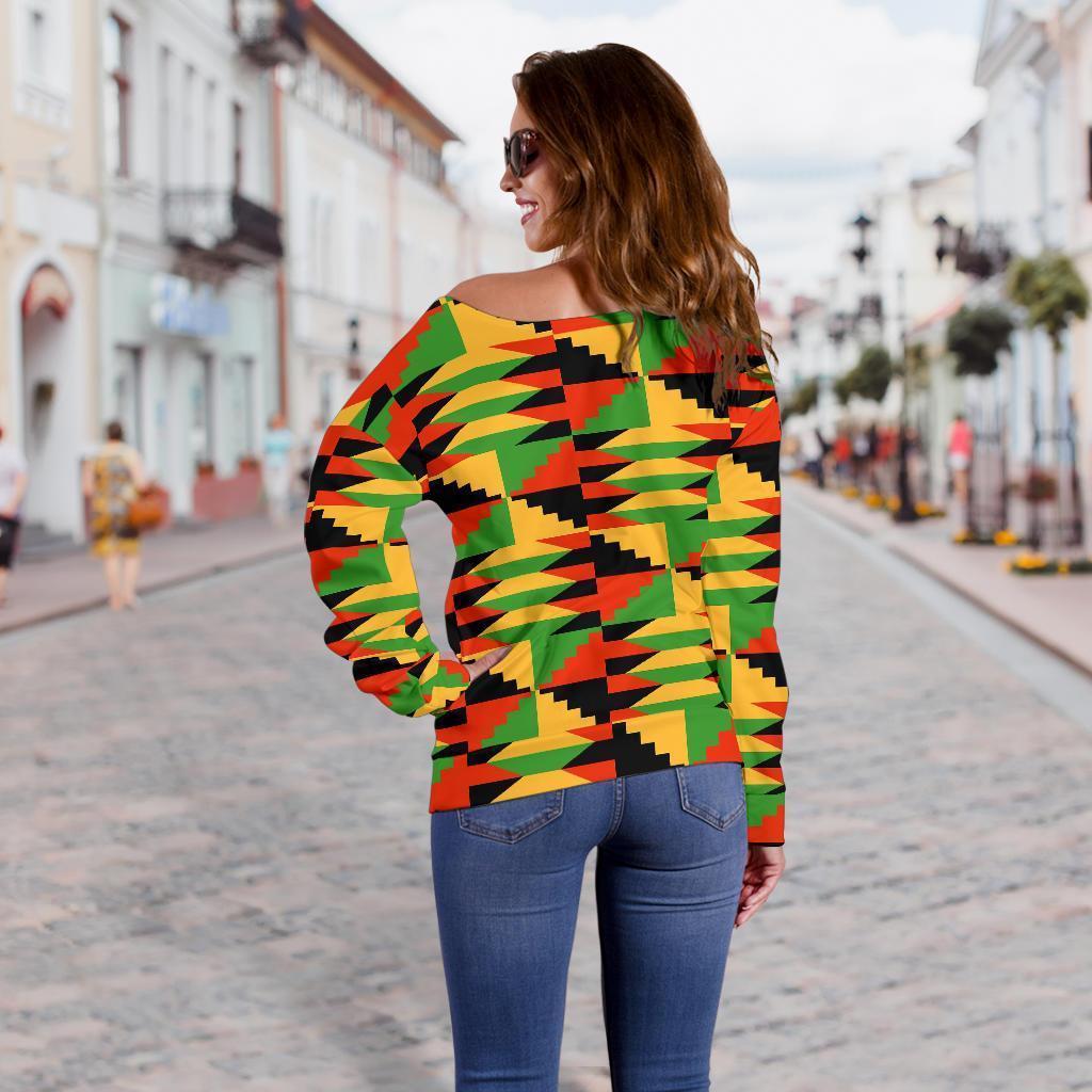 Kente African Pattern Print Women Off Shoulder Sweatshirt-grizzshop