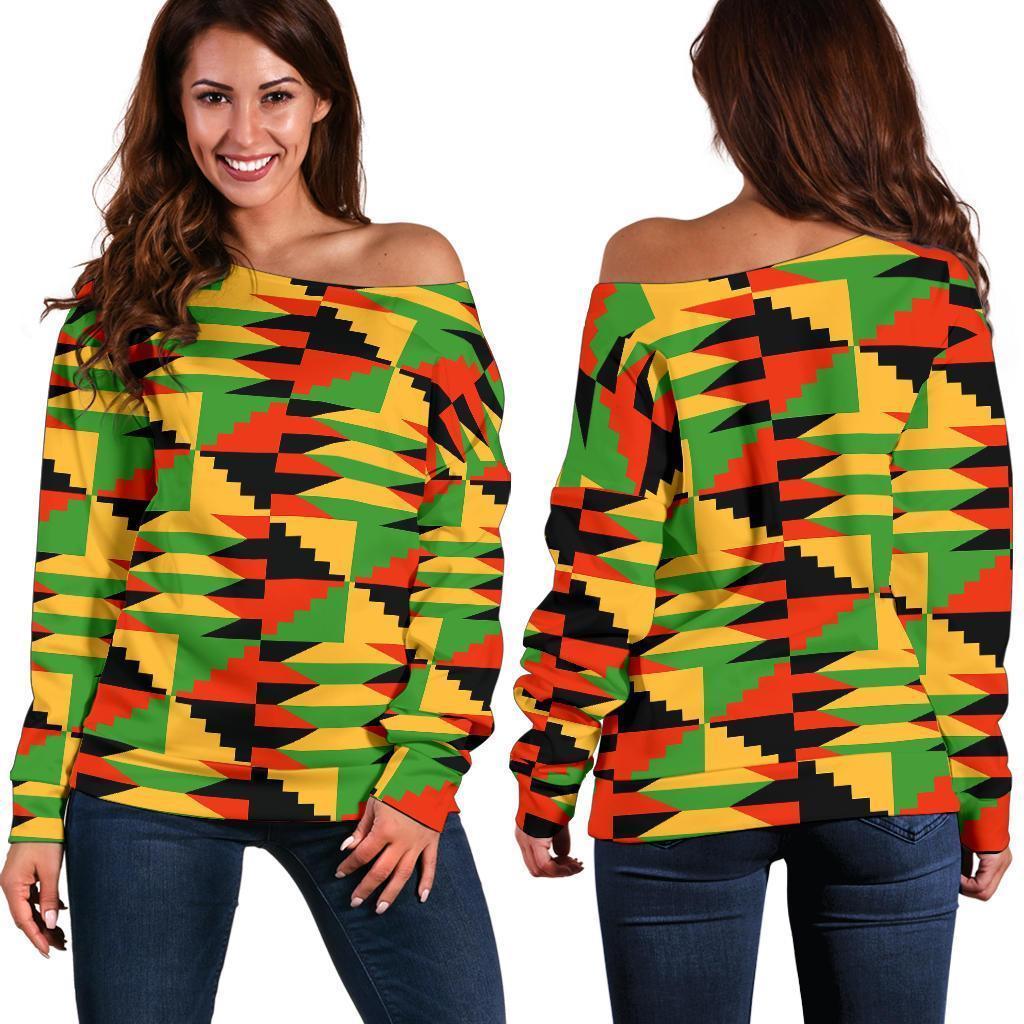 Kente African Pattern Print Women Off Shoulder Sweatshirt-grizzshop