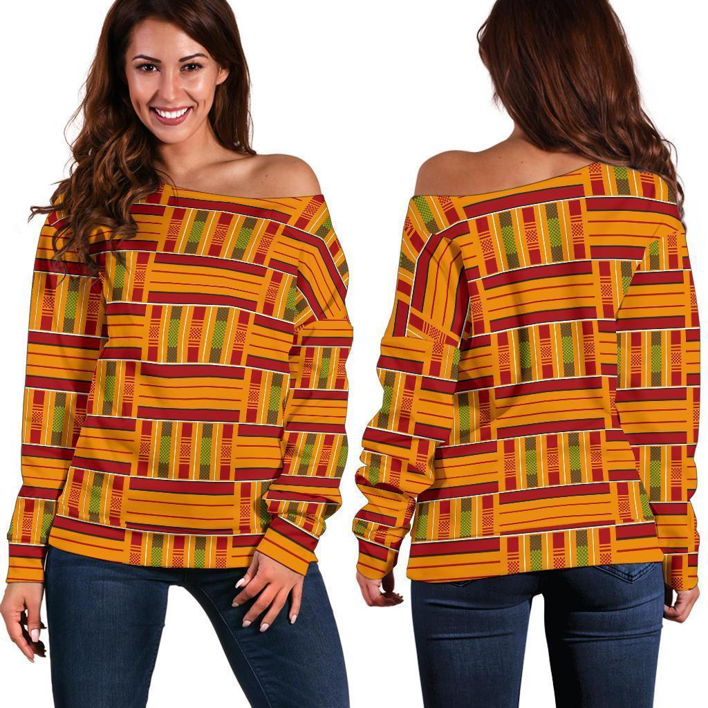 Kente African Print Pattern Women Off Shoulder Sweatshirt-grizzshop