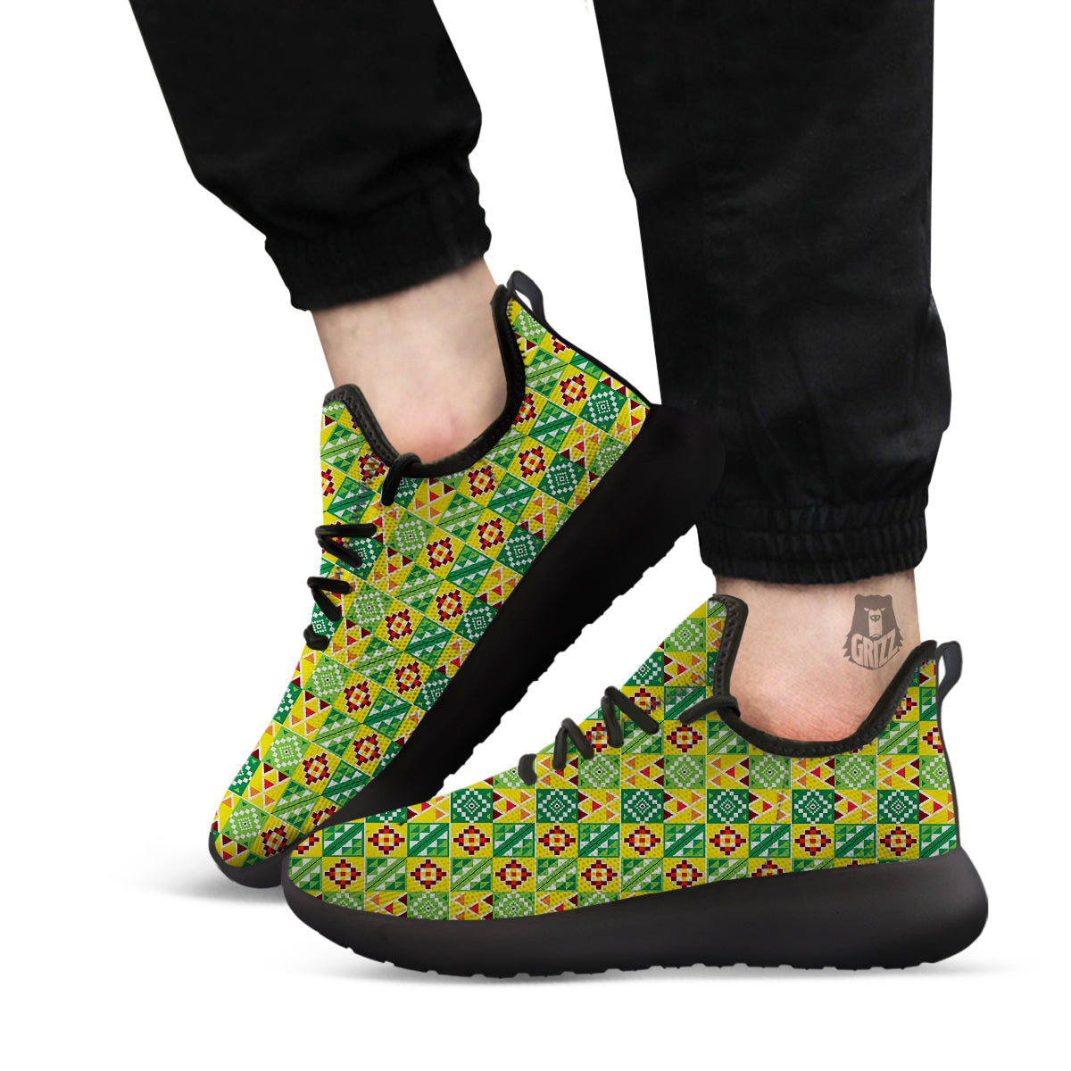 Kente Asante Print Pattern Black Athletic Shoes-grizzshop