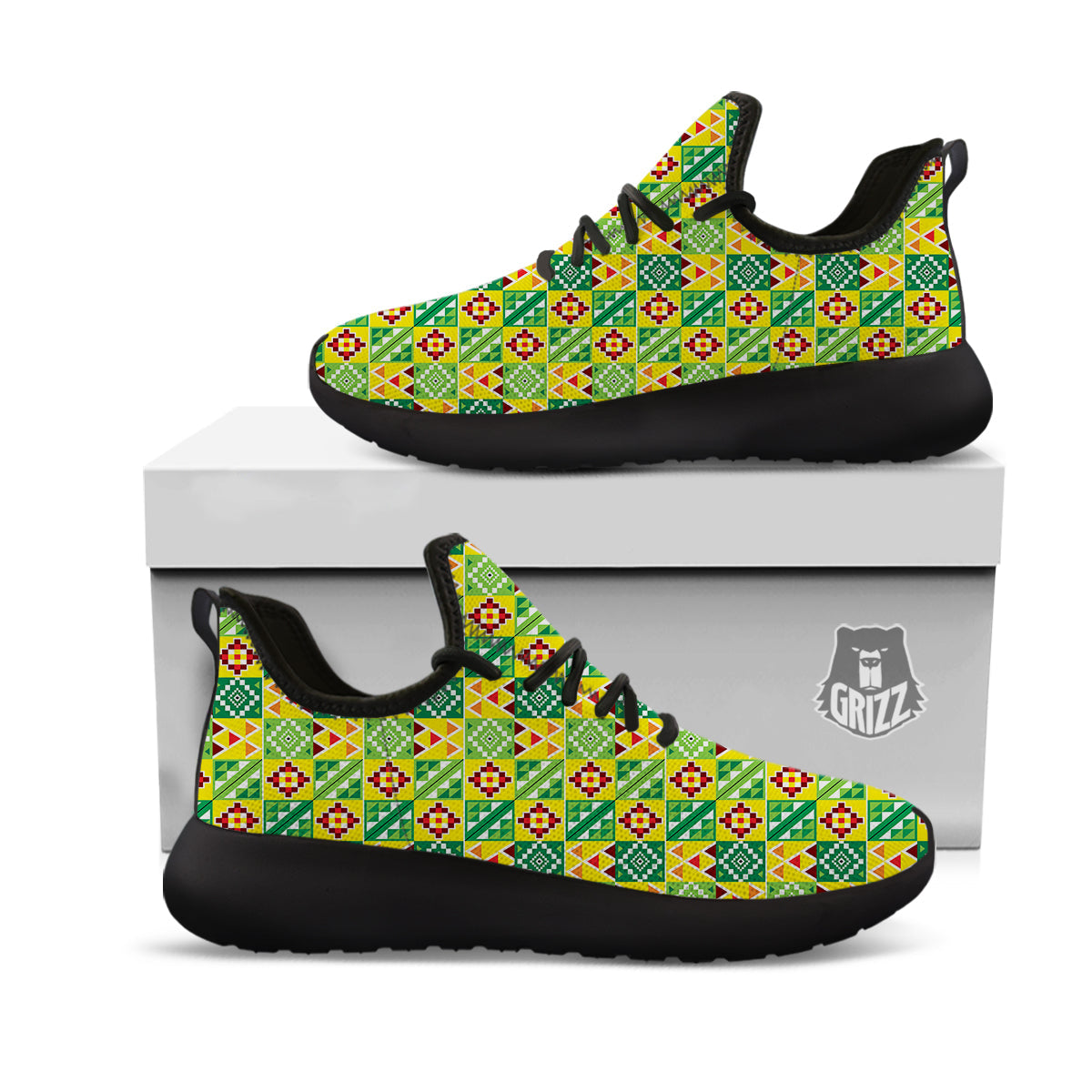 Kente Asante Print Pattern Black Athletic Shoes-grizzshop