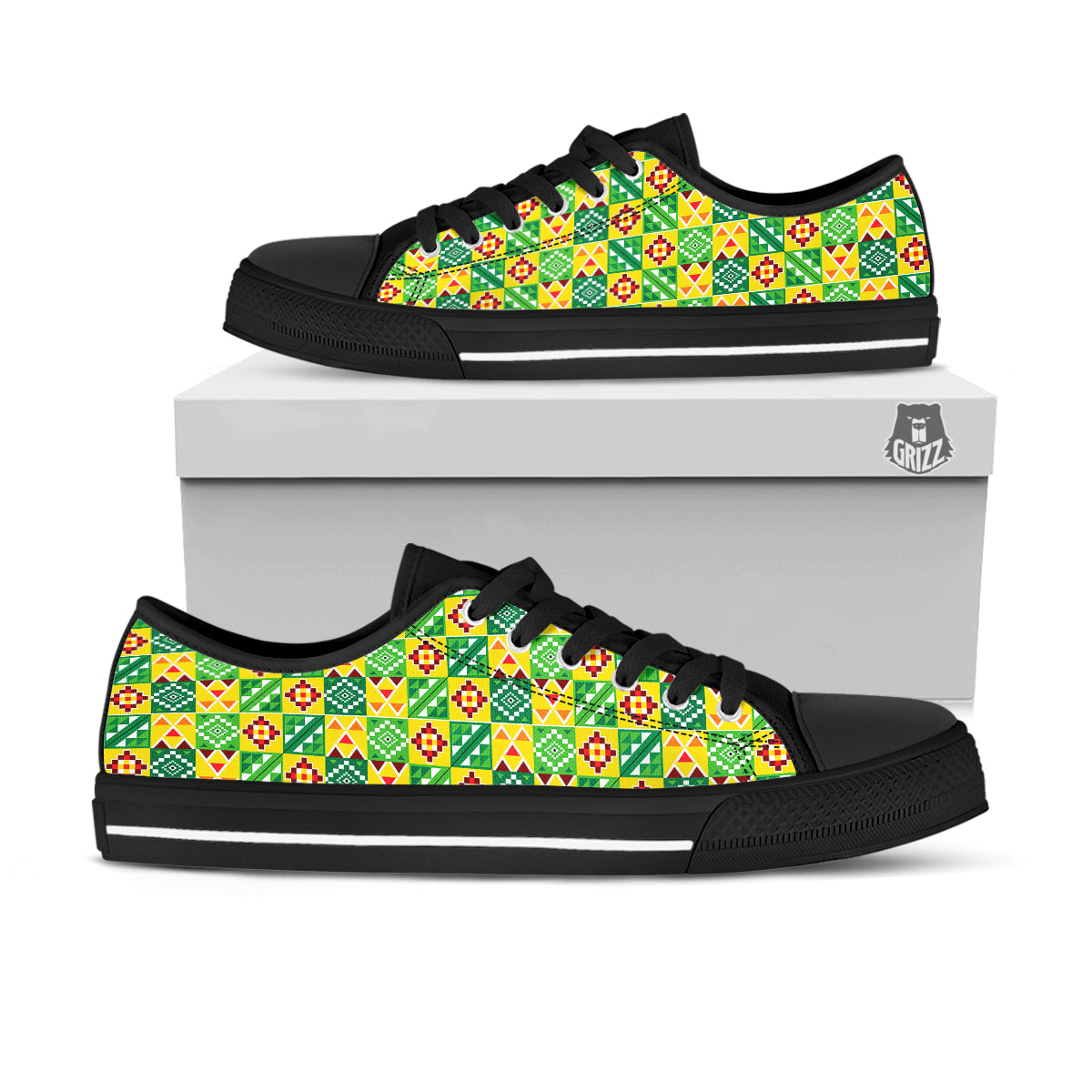 Kente Asante Print Pattern Black Low Top Shoes-grizzshop