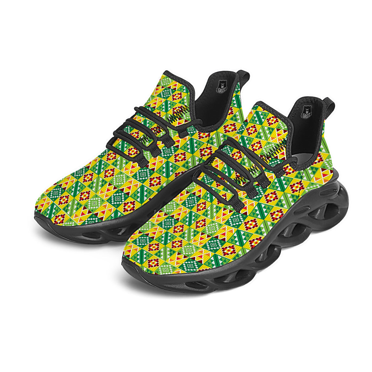 Kente Asante Print Pattern Black Running Shoes-grizzshop