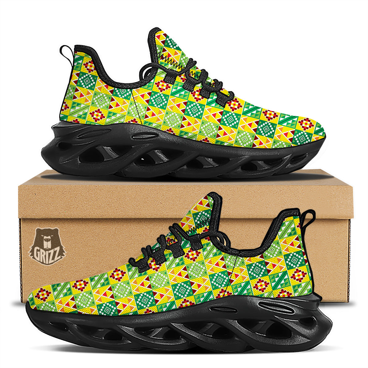 Kente Asante Print Pattern Black Running Shoes-grizzshop