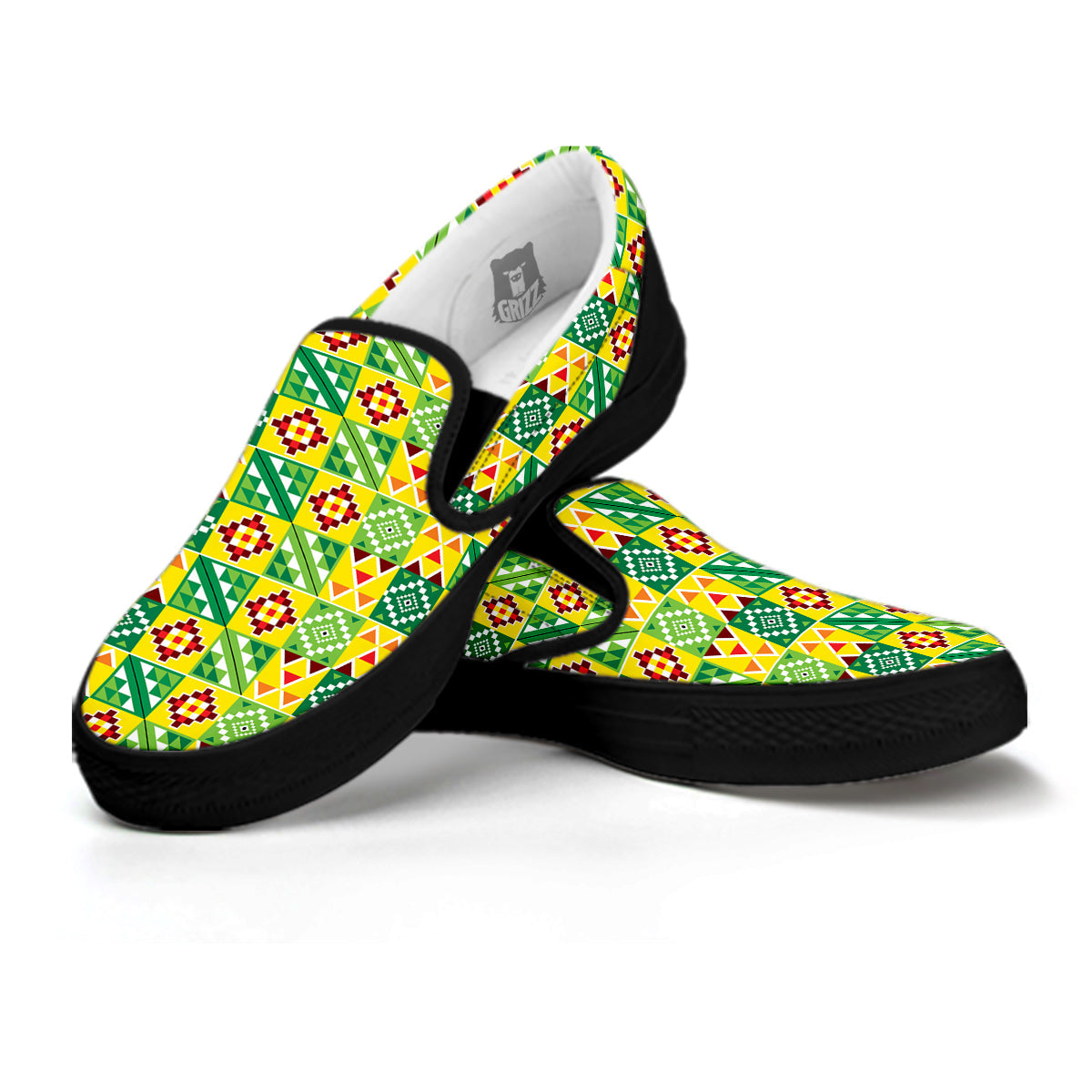 Kente Asante Print Pattern Black Slip On Shoes-grizzshop