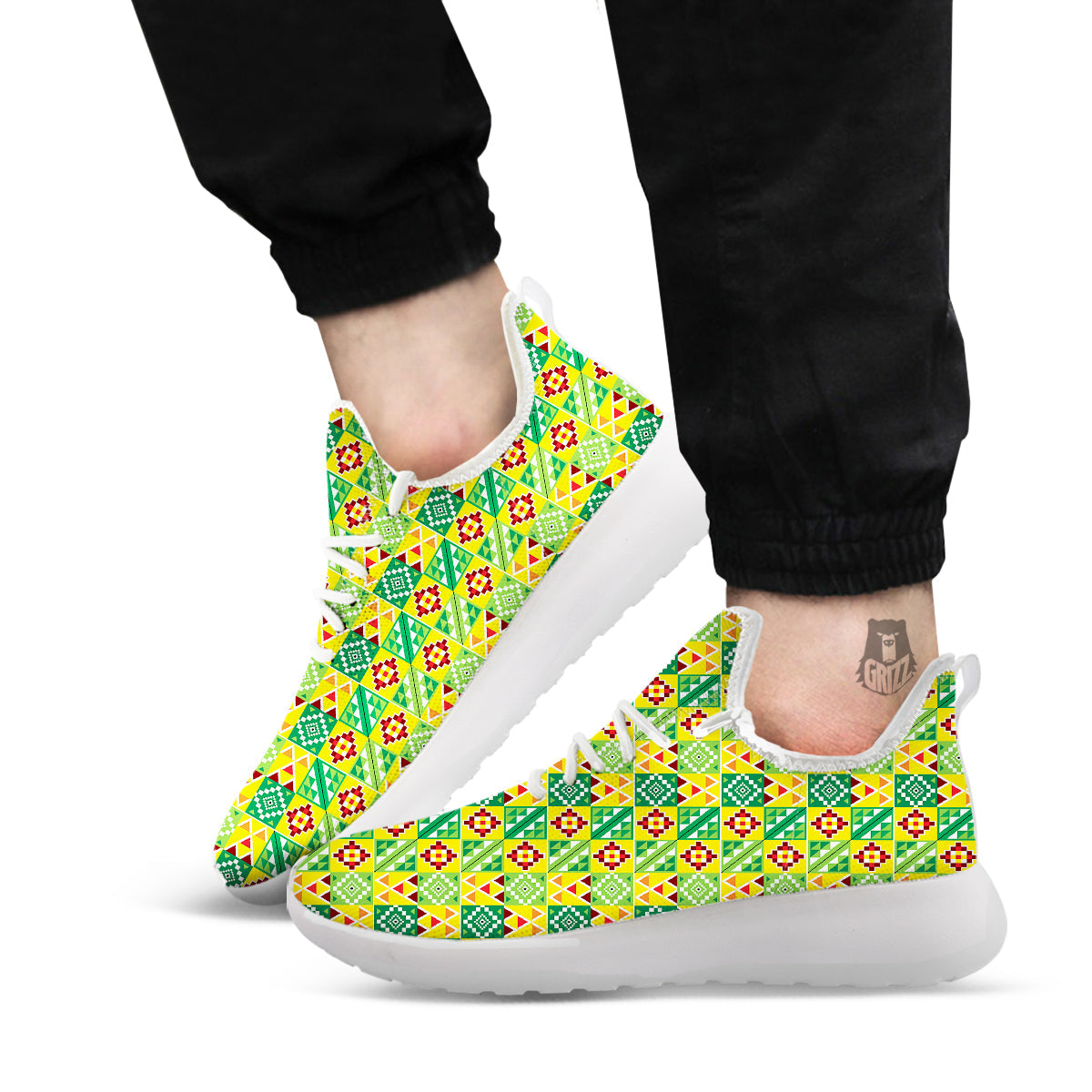 Kente Asante Print Pattern White Athletic Shoes-grizzshop