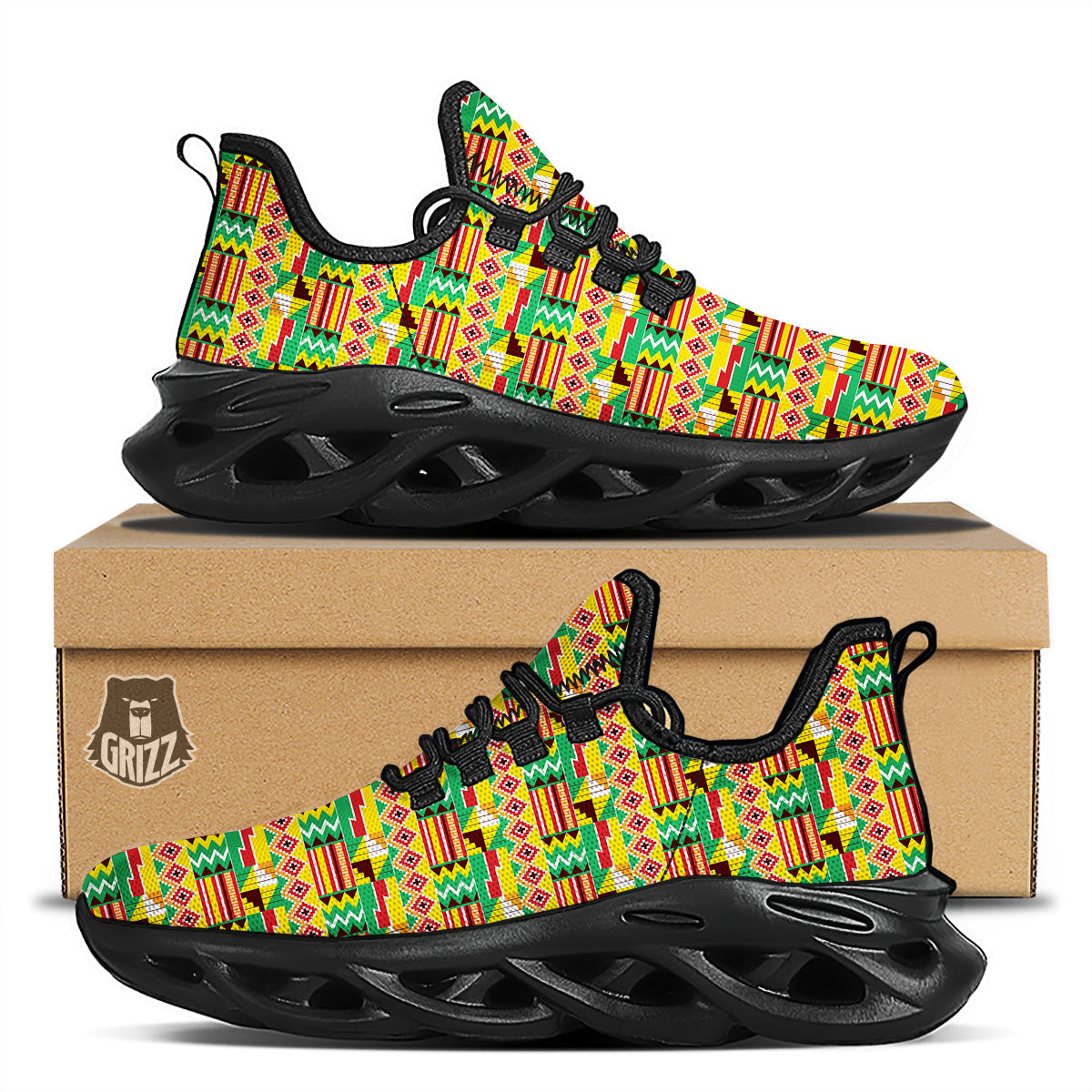 Kente Ashanti Print Pattern Black Running Shoes-grizzshop