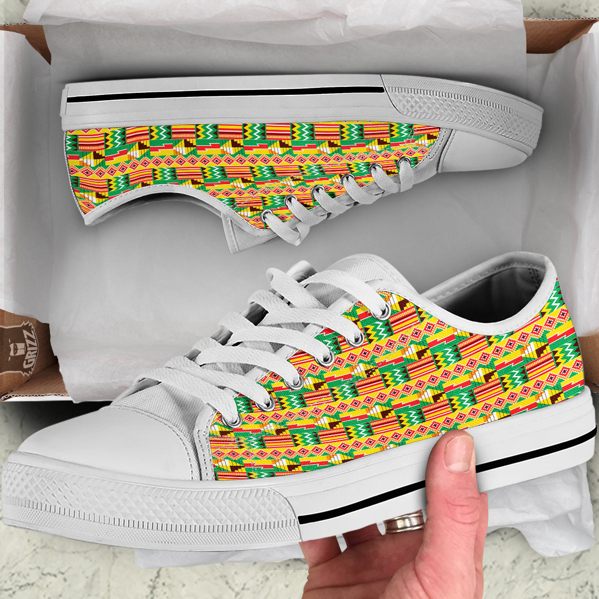 Kente Ashanti Print Pattern White Low Top Shoes-grizzshop