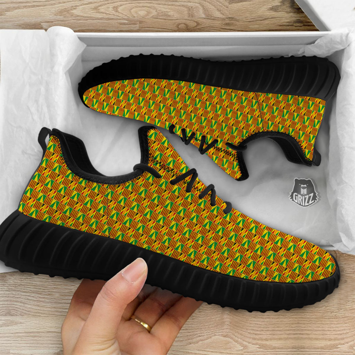 Kente Bonwire Print Pattern Black Walking Shoes-grizzshop