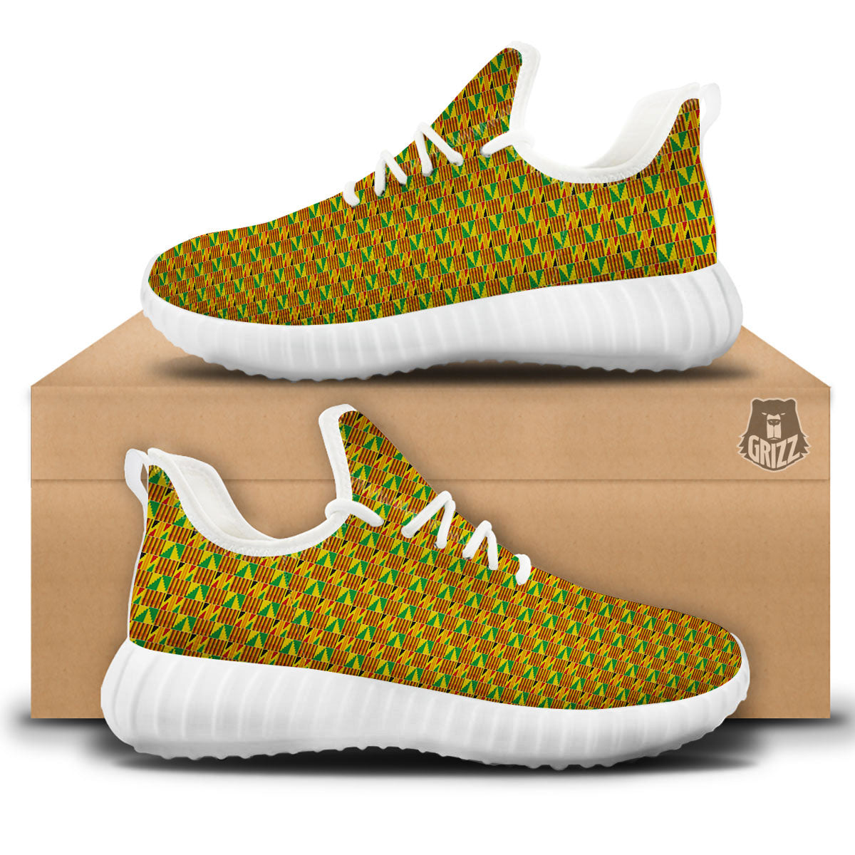 Kente Bonwire Print Pattern White Walking Shoes-grizzshop