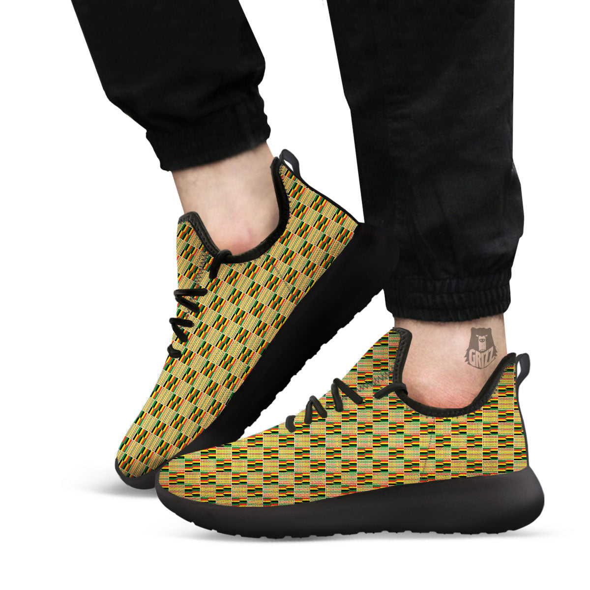 Kente Ethnic Print Pattern Black Athletic Shoes-grizzshop