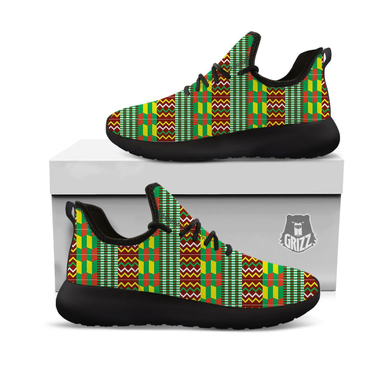 Kente Tribal West African Print Pattern Black Athletic Shoes-grizzshop