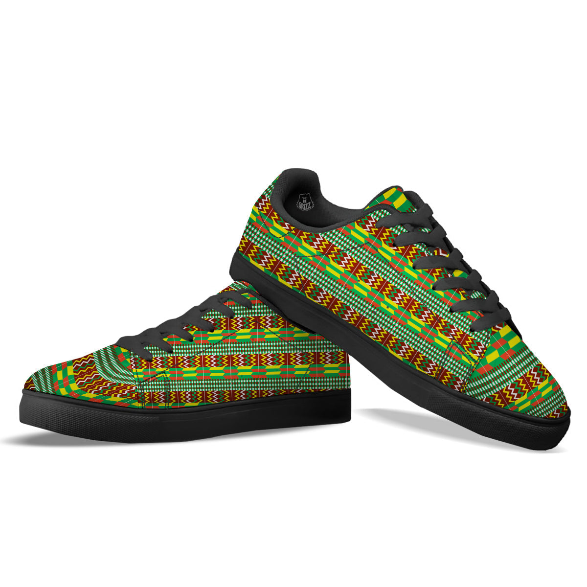 Kente Tribal West African Print Pattern Black Low Top Sneakers-grizzshop