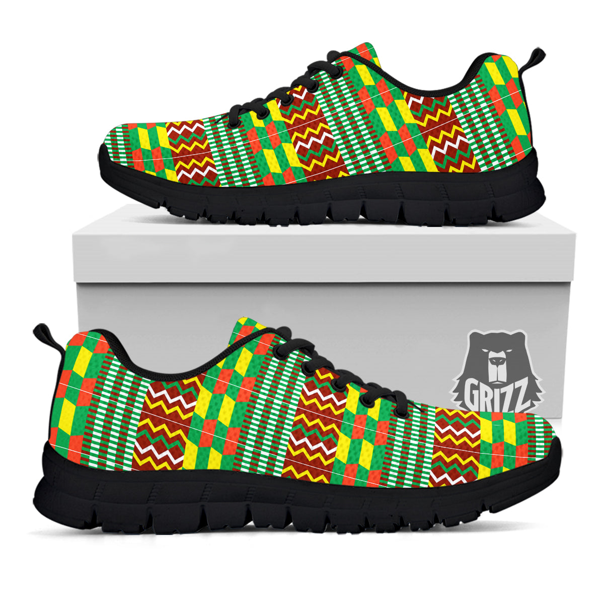 Kente Tribal West African Print Pattern Black Sneaker-grizzshop