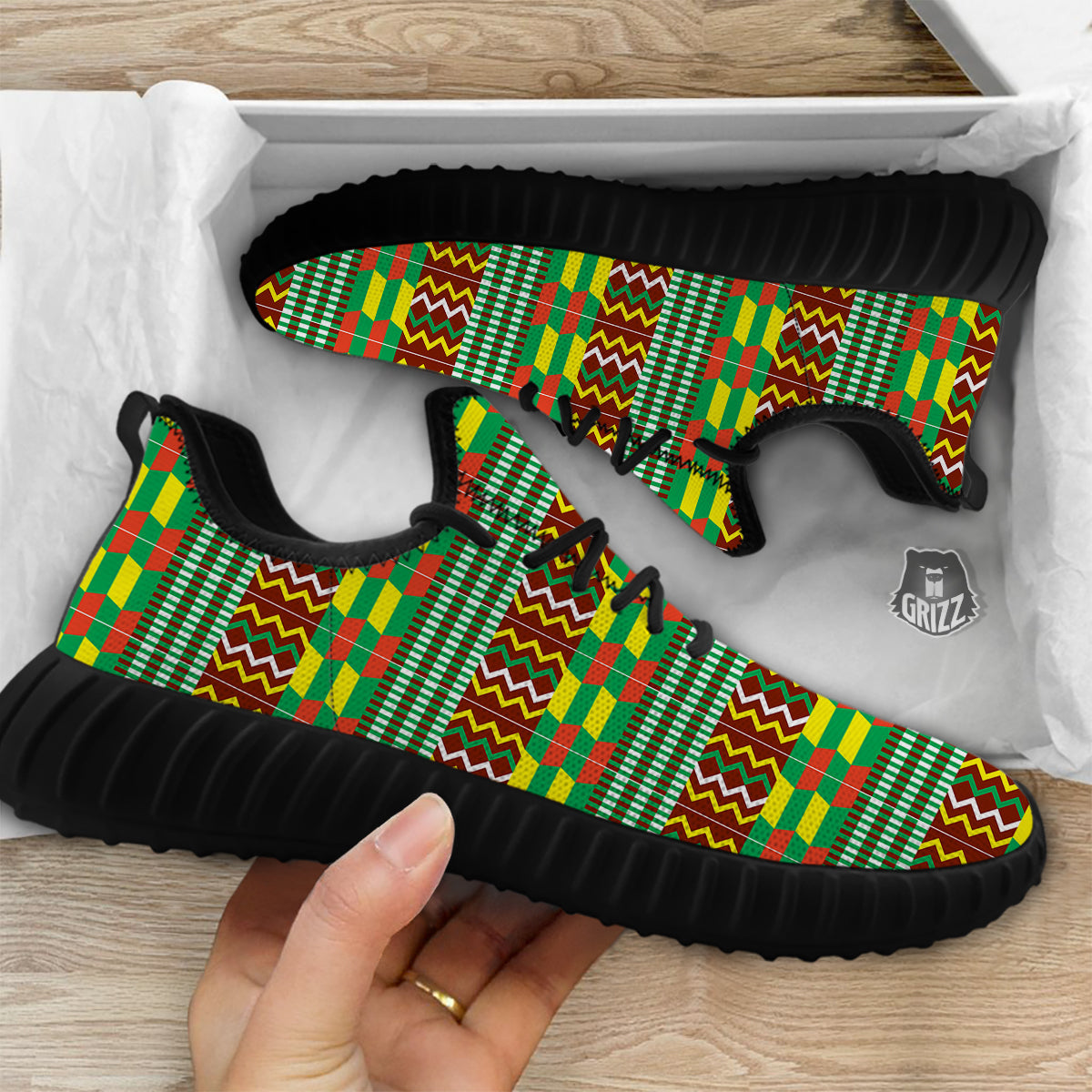 Kente Tribal West African Print Pattern Black Walking Shoes-grizzshop