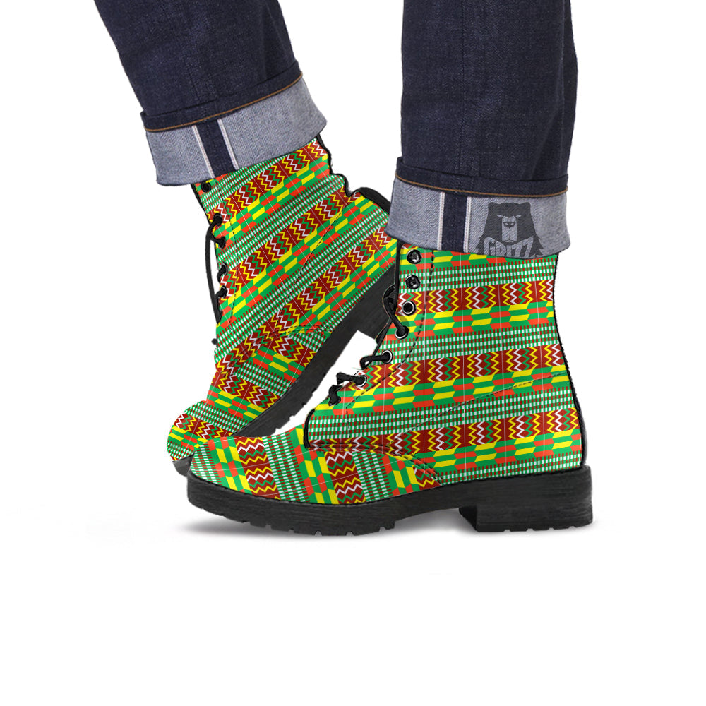 Kente Tribal West African Print Pattern Leather Boots-grizzshop