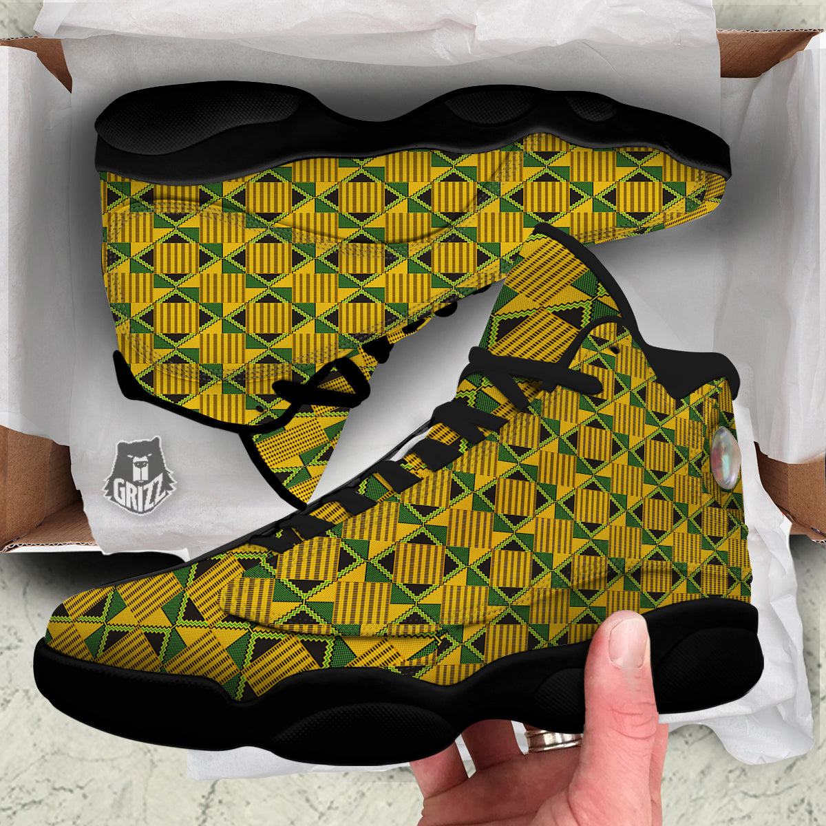 Kente Yellow Print Pattern Black Basketball Shoes-grizzshop