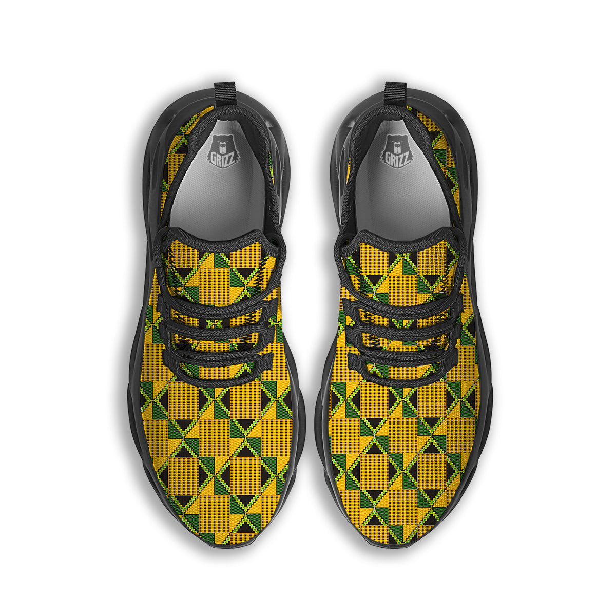Kente Yellow Print Pattern Black Running Shoes-grizzshop