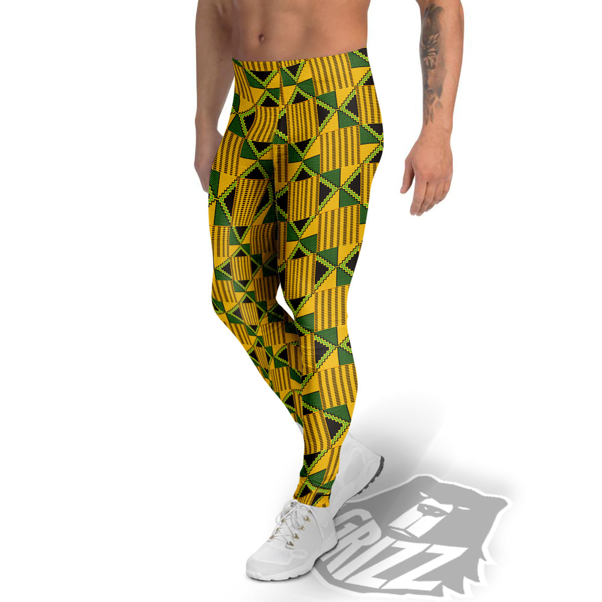 Kente Yellow Print Pattern Men's Leggings-grizzshop