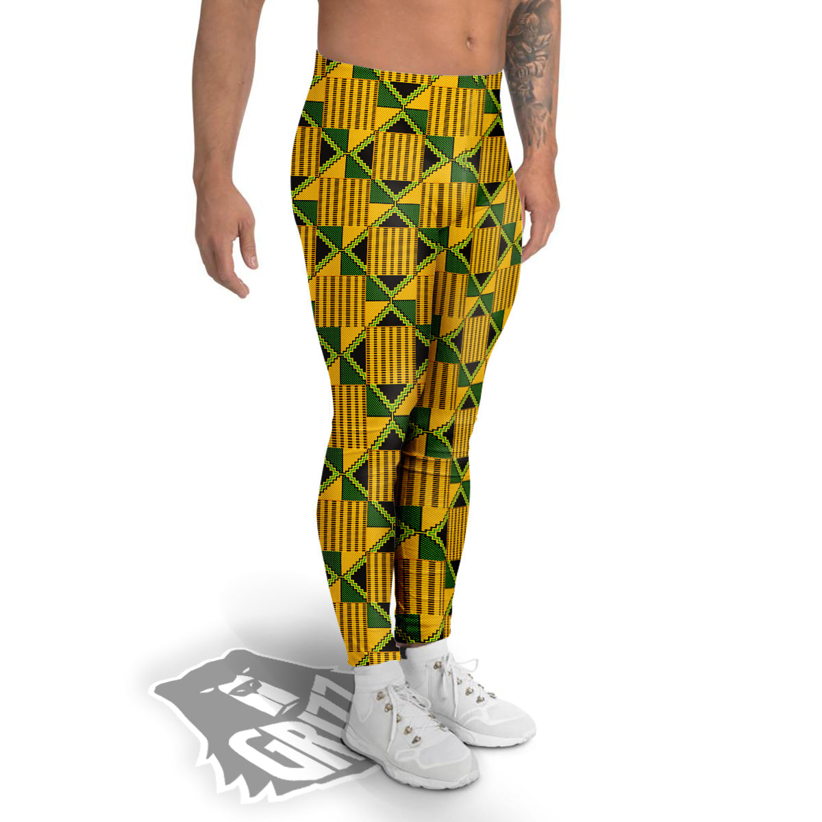Kente Yellow Print Pattern Men's Leggings-grizzshop