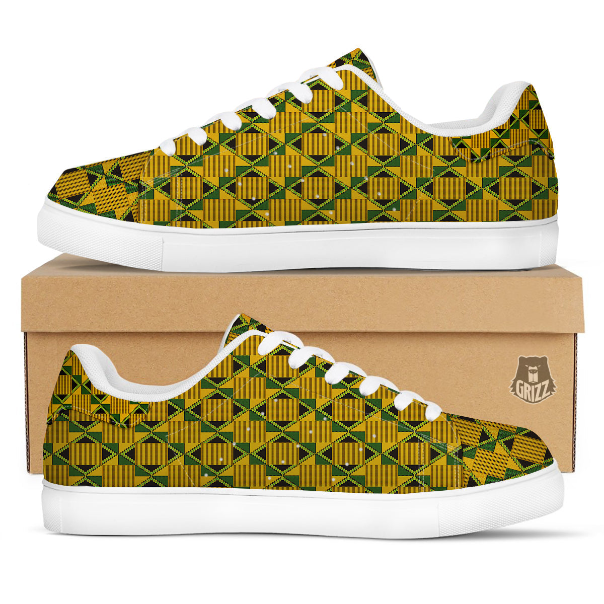 Kente Yellow Print Pattern White Low Top Sneakers-grizzshop