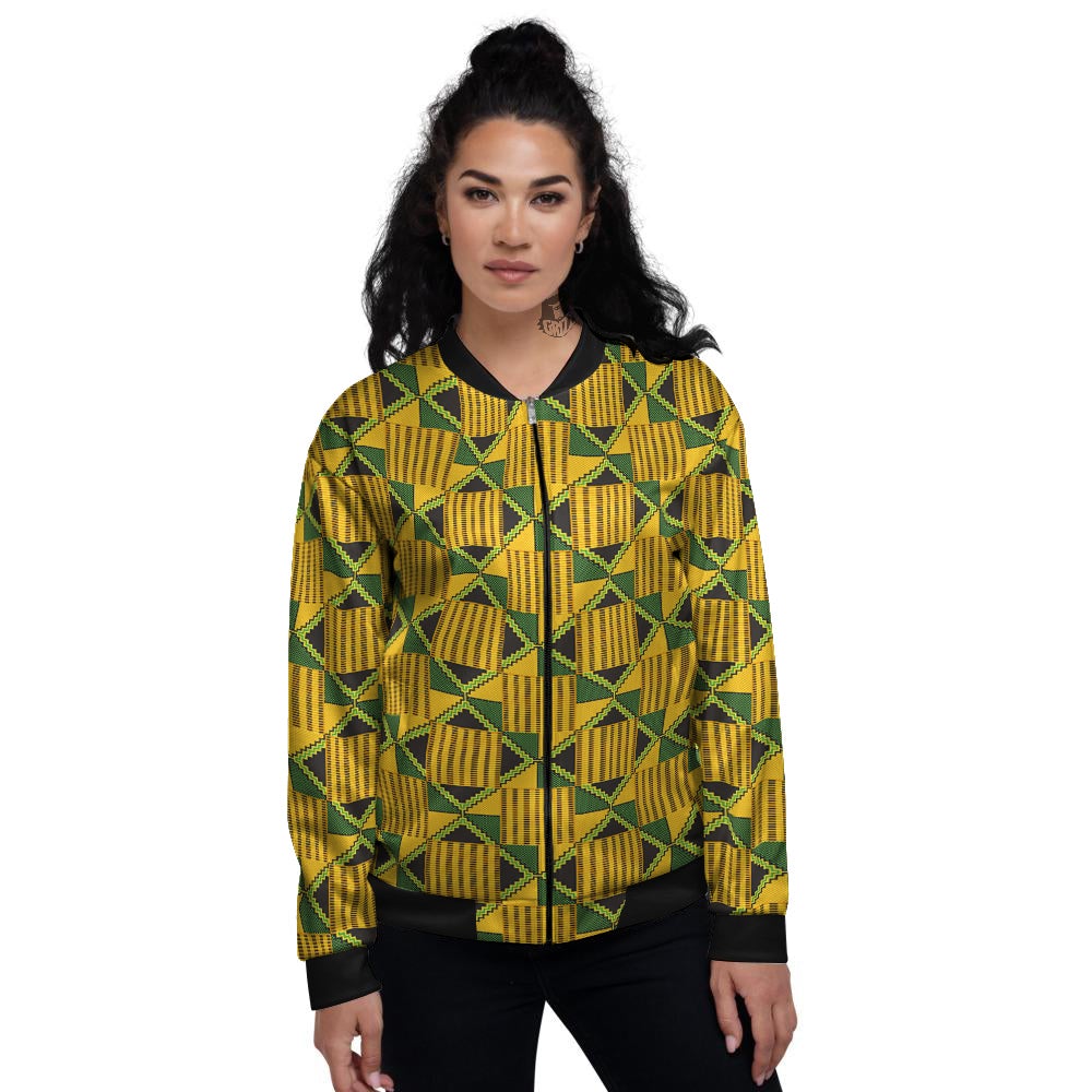 Kente Yellow Print Pattern Women's Bomber Jacket-grizzshop