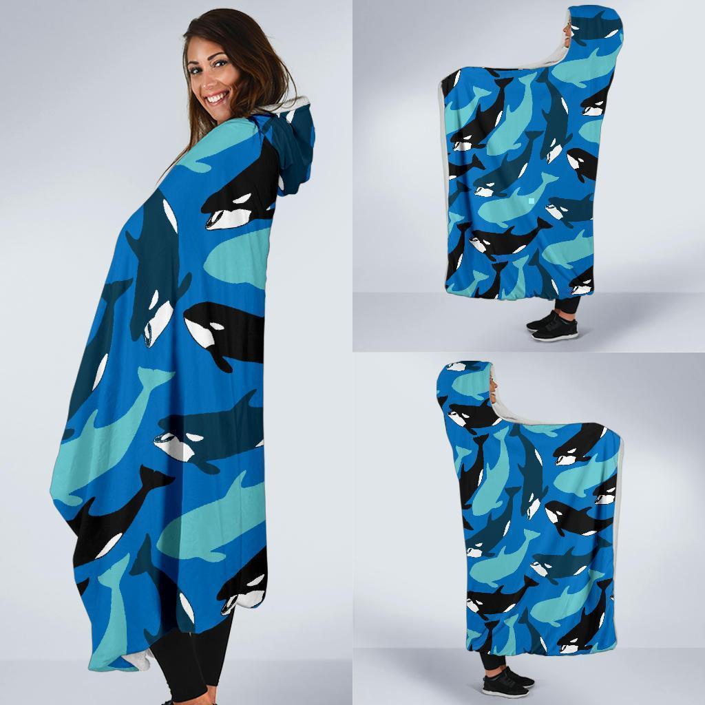 Killer Whale Orca Pattern Print Hooded Blanket-grizzshop