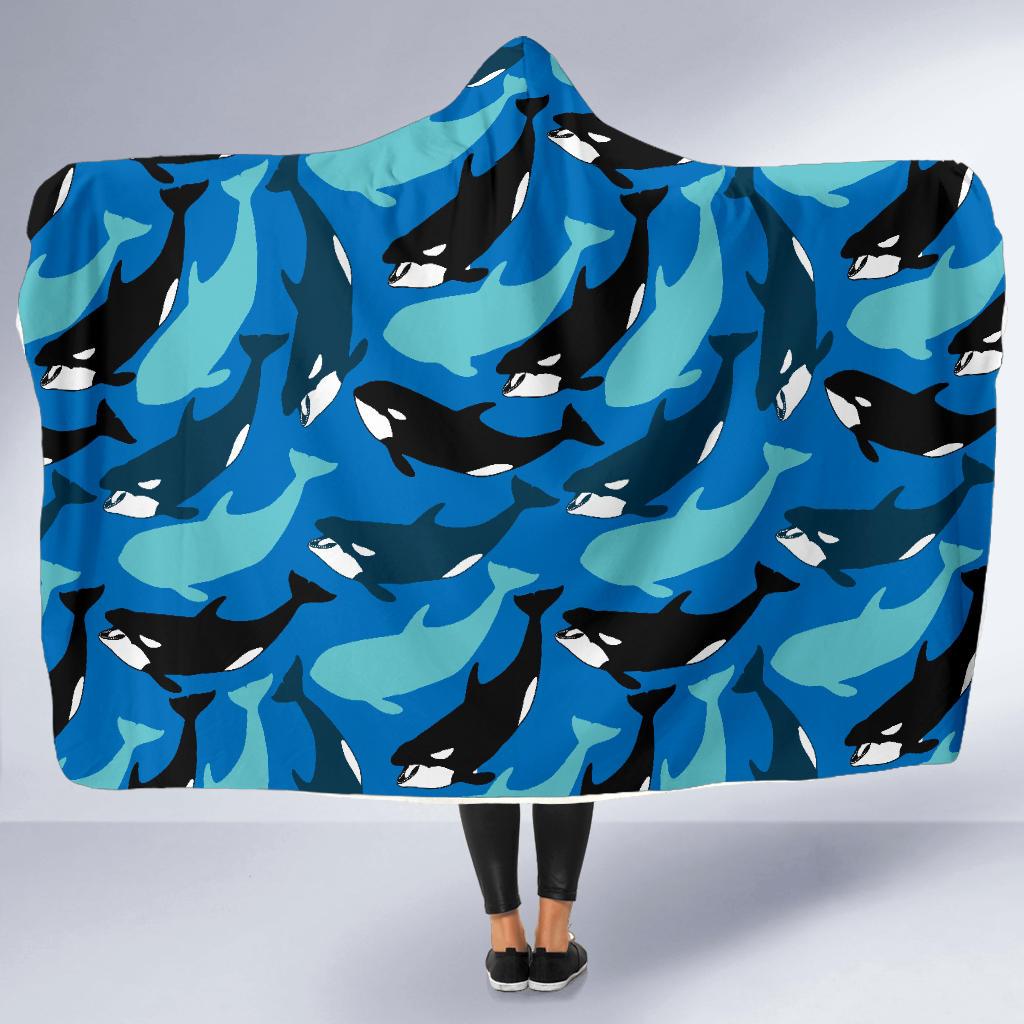 Killer Whale Orca Pattern Print Hooded Blanket-grizzshop