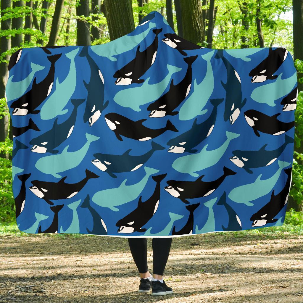 Killer Whale Orca Pattern Print Hooded Blanket-grizzshop