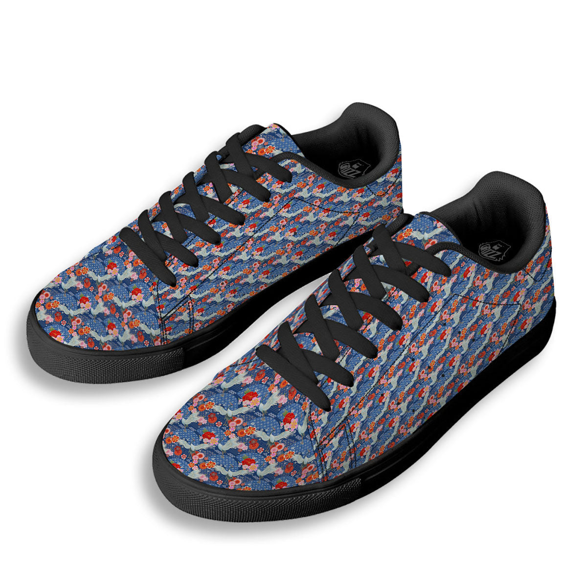 Kimono Bird Crane Print Pattern Black Low Top Sneakers-grizzshop