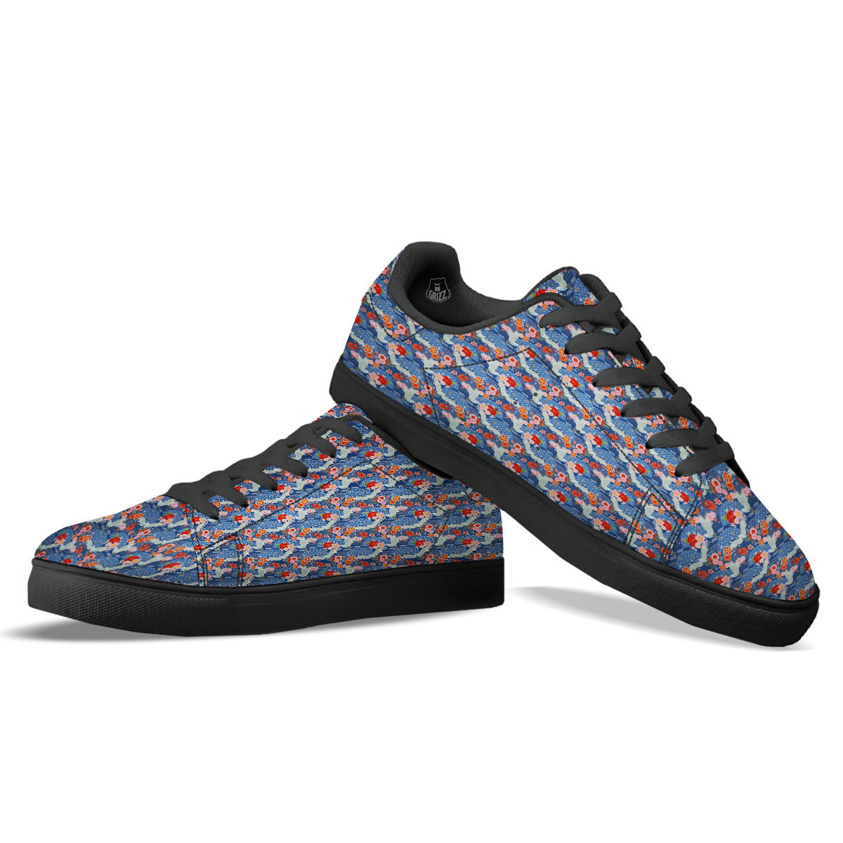 Kimono Bird Crane Print Pattern Black Low Top Sneakers-grizzshop