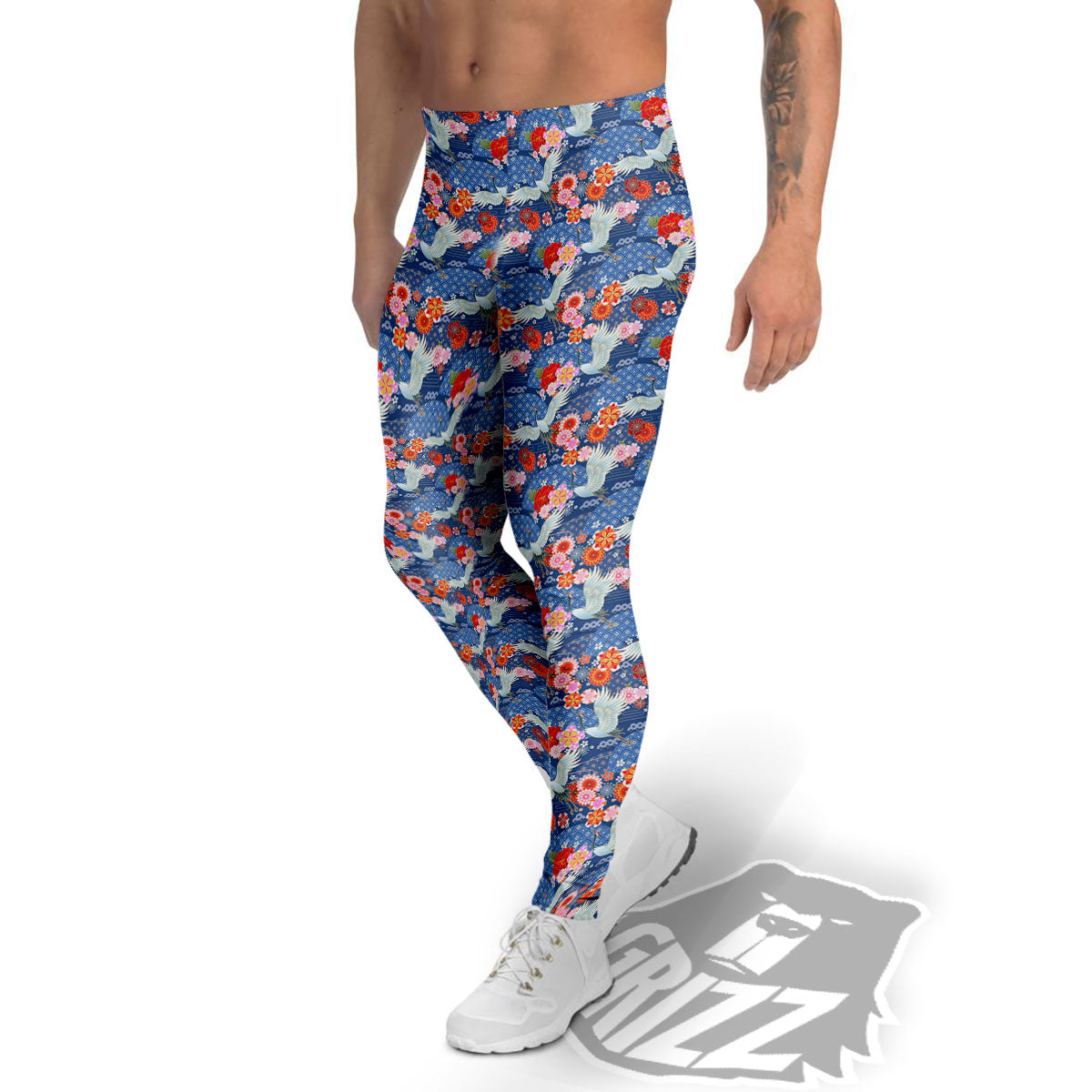 Kimono Bird Crane Print Pattern Men's Leggings-grizzshop
