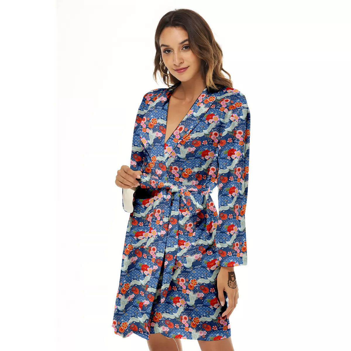 Kimono Bird Crane Print Pattern Women's Robe-grizzshop