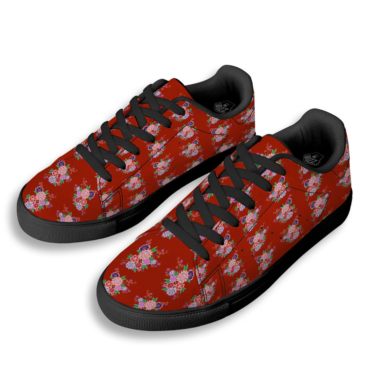 Kimono Floral Print Pattern Black Low Top Sneakers-grizzshop