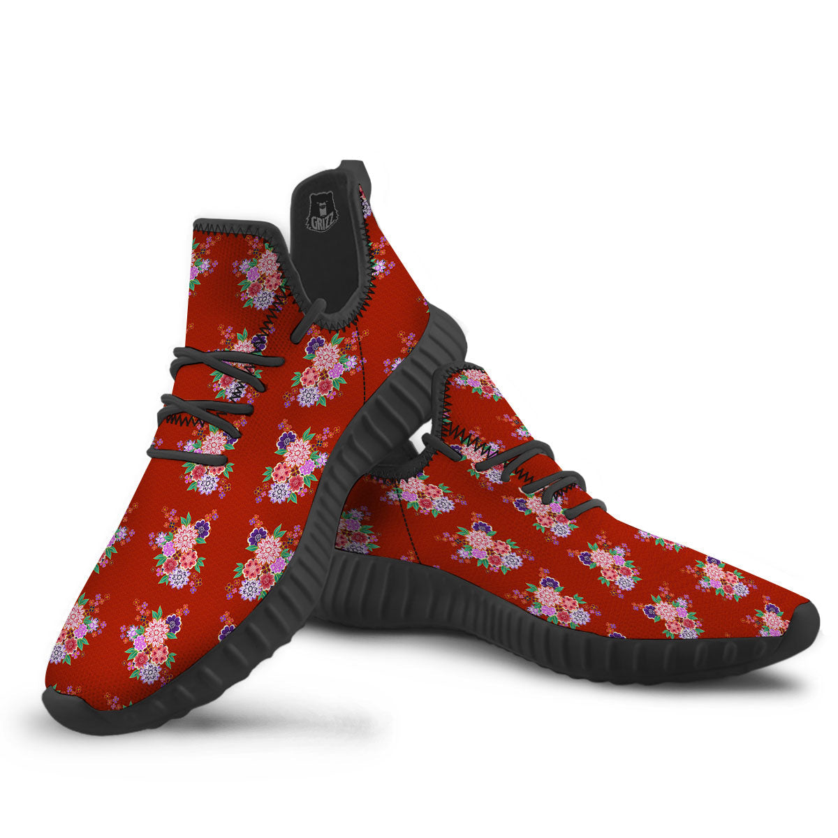 Kimono Floral Print Pattern Black Walking Shoes-grizzshop