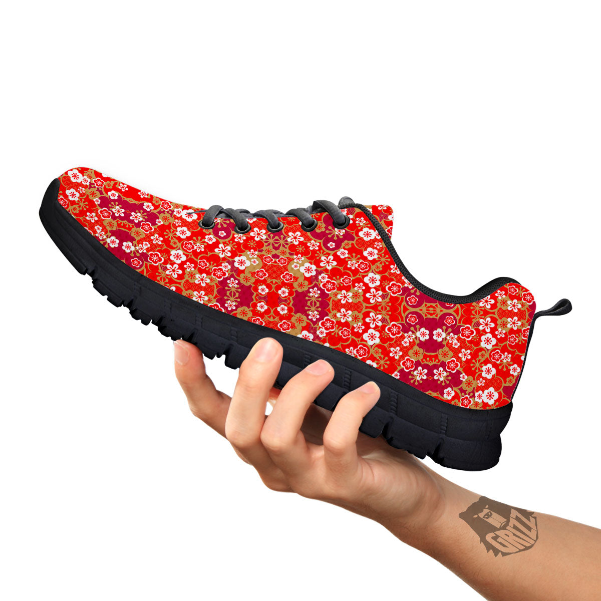 Kimono Flower Print Pattern Black Sneaker-grizzshop